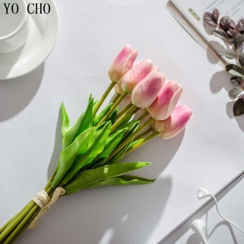 YO CHO 21pcs Mini Tulips Artificial Flowers Farmhouse Decor PU Real Touch Wedding Bouquet DIY Birthday Party Decorations Adult