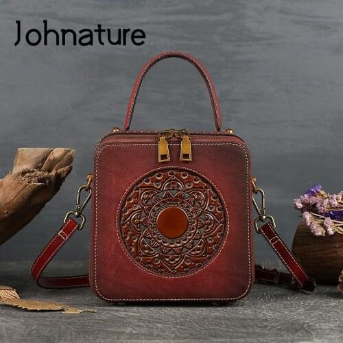 Johnature Vintage Genuine Leather Women Bag Luxury Handmade Totem Handbag 2021 New Cowhide Embossing Shoulder&crossbody Bags