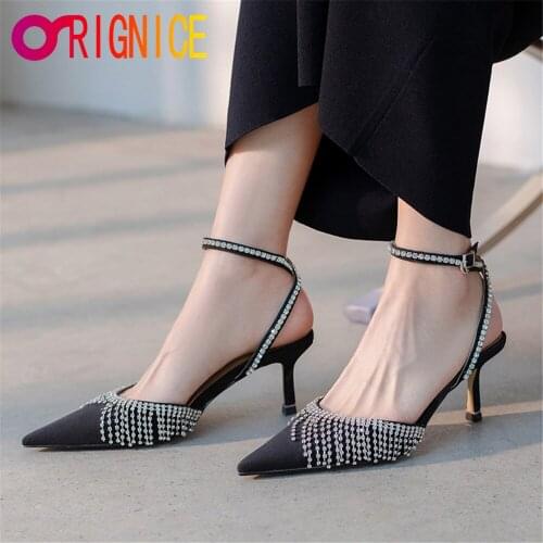 Orignice Bling Tassel Crystal Women 7.5CM High Heels Sequined Ankle Strap Sandals Rhinestone Pointed Toe Wedding Party Shoeses