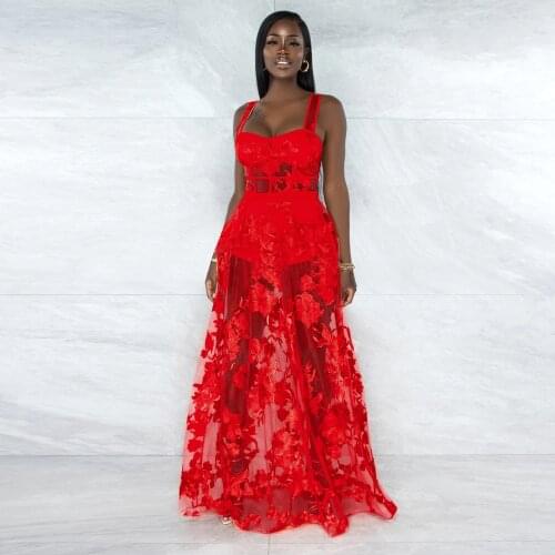 White Red Flower Embroidery See Through 2 Piece Dress Set Women Spaghetti Strap Skinny Bodysuits+maxi Skirts Beachwear Outfit