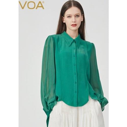 VOA autumn new product silk tops 30m/m heavy spruce green POLO collar bumping stitching single-breasted long-sleeved shirt BE797