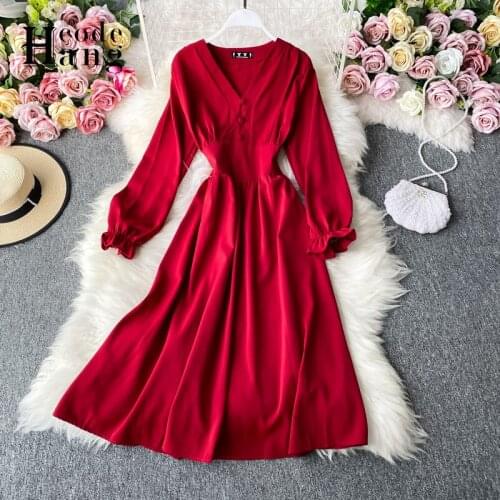 HangCode Autumn Dress 2021 New Women Casual Long Sleeve Midi Dress Ladies Solid Button V Neck Big Swing Elegant Dress Vestidos