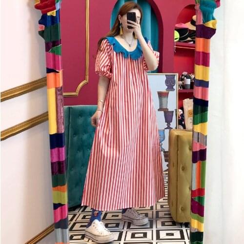 Korean Women Vintage Doll Collar Short Puff Sleeve Stripe Long Dress Summer 2021 New Elegant Loose Ladies Maxi Dresses Vestidos