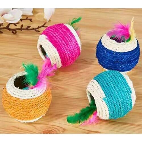 1pc Cat Ball Toy 2-Hole Fake Feather Decor Sisal Cat Toy Cat Rope Ball Kitten Chew Toy Pet Supplies