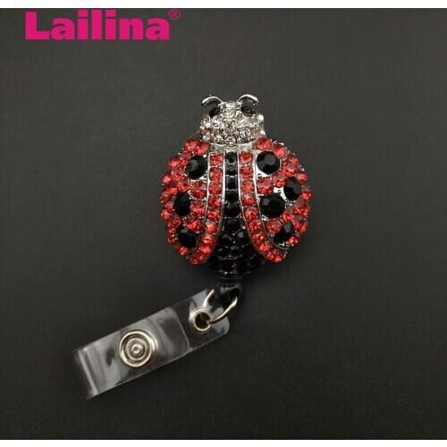 10pcs/lot Red Lady Bug Rhinestone Retractable Ladybug Badge Reel/ ID Badge Holder