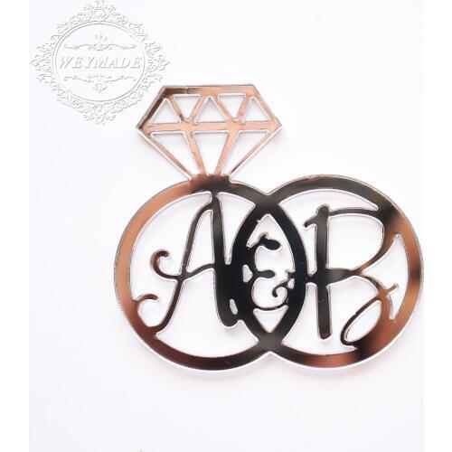 12pcs Personalized Laser Cut Bride & Groom Initials Diamond Ring Silver Mirror Table Decoration Wedding Party Centerpieces Decor