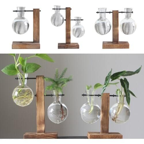 3Pcs Vintage Hydroponic Vase, Terrarium Planter Glass Vase with Retro Wooden Stand Home Garden Wedding Decor