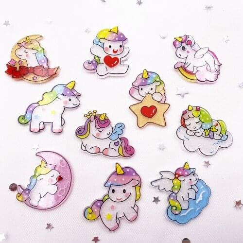 10PCS Kawaii Colorful Glitter Unicorn Flatback Acrylic Sheet Miniature Pattern Applique DIY Decor Craft Christmas Scrapbook