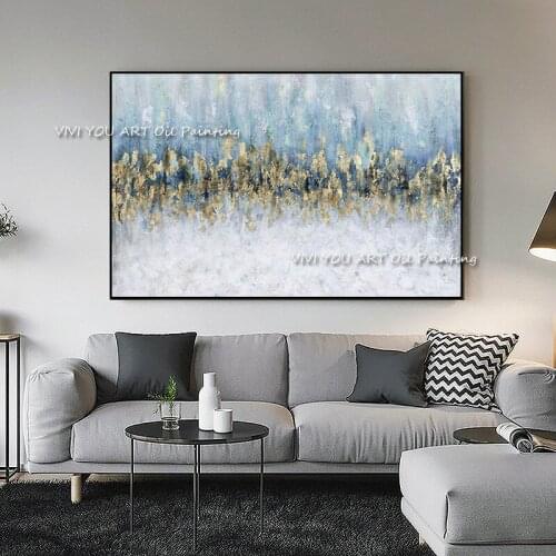 Large Handmade thick knife abstract ocean oil painting Gold Blue White gorgeous abstract home Living Room Decor Artworks