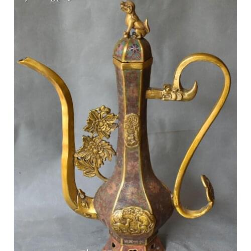 Cloisonne Bronze 24K Gold Gilt Loong Dragon Lion Deer Peony Wine Tea Pot Flagon