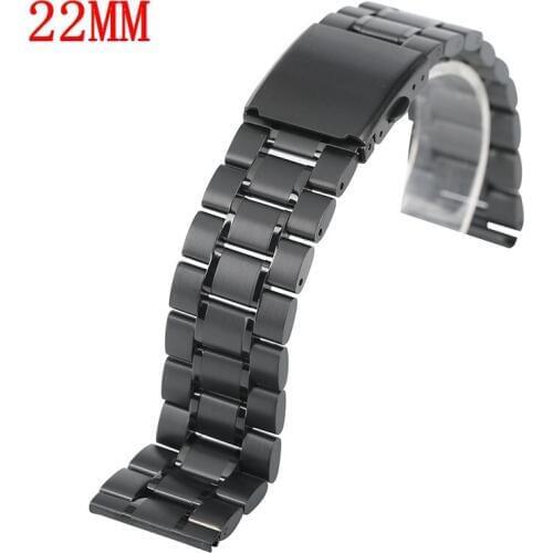 22mm Black Watch Band Adjustable Solid Link Stainless Steel Metal Fashion Bracelet Clasp + 2 Spring Bars Strap High Quality
