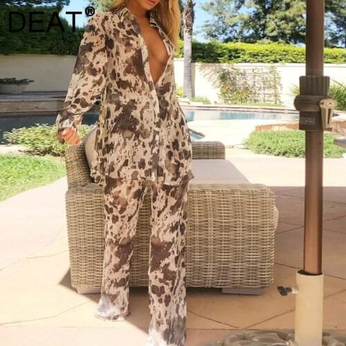 DEAT 2021 Autumn Sexy Trun Down Collar Print Long Coat Wide Pants Outfits Suits Party Clubwear Women Two Piece Set MK836