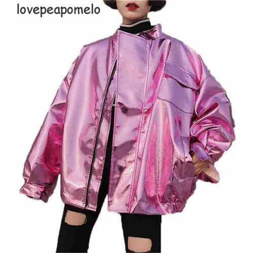 Spring Autumn Fake metal Outerwear Women Large Size Jacket Hip Pop Loose Jacket BF Style Ribbons Coats Winter Female JacketJ678