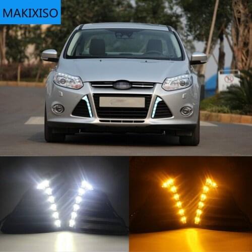 For Ford Focus 3 MK3 2012~2015 Daytime Running Light for Focus DRL LED Fog Lamp Cover With Yellow Turning Signal Functions