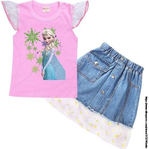 Frozen Elsa Print T-shirt +Denim Mini Skirts for Girls Summer 2021 New Childrens Clothing Fashion Baby Girl Trumpet Skirt Set