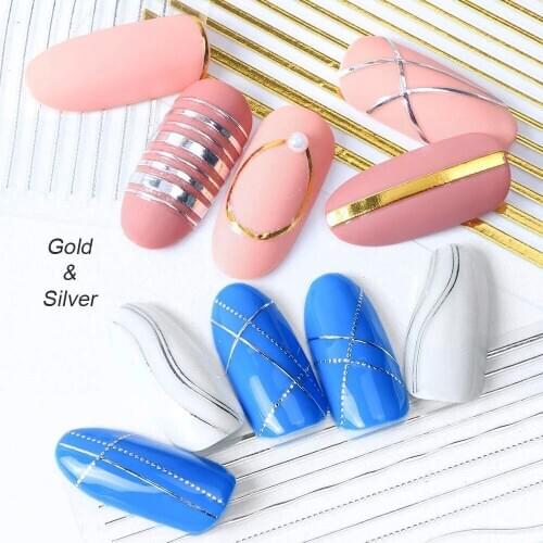 Classic Nail Art Stickers 26 Gold And Silver 3D Bronzing Adhesive Geometric Pattern Stickers Crescent Straight Metal Line Decals