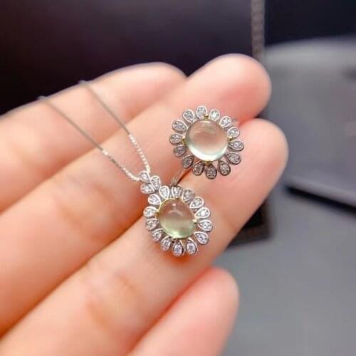 Grape colour natural Prehnite gemstone ring and necklace jewelry set with 925 silver for women