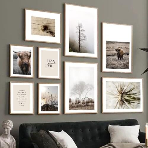 Meadow Cow Sheep Dandelion Dried Flower Foggy Forest Nordic Poster Wall Art Print Canvas Painting Decor Pictures For Living Room