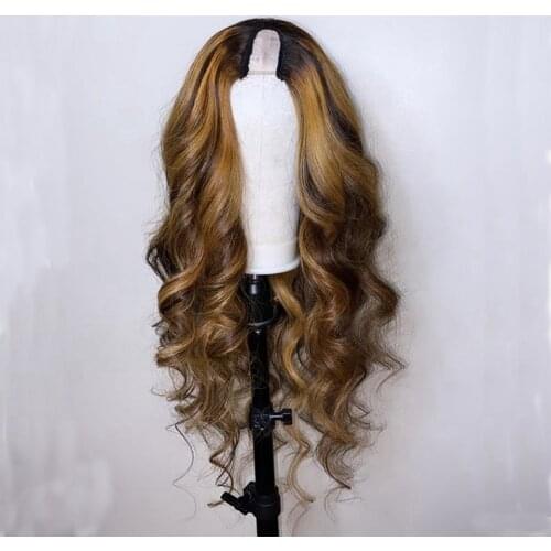 Honey Blonde Highlight U Part Human Hair Wigs 1x4" Loose Wave Brazilian Remy Hair Ombre U Part Wigs For Women Middle Part 150
