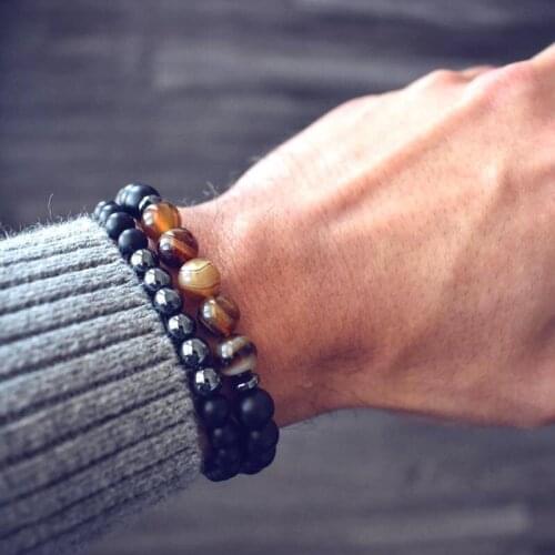 Mens Magic Fish Buddha Bracelets Fashion Lucky Gem Natural Black Mantra Prayer Stainless Steel Beads Pulseras Masculina