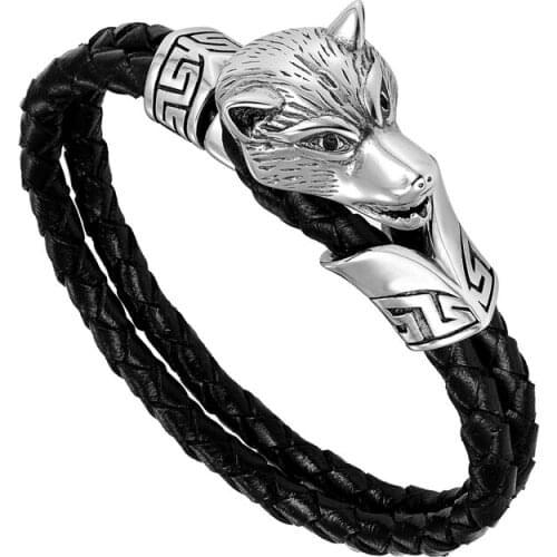 Top Quality Titanium Steel Wolf Head Double Woven Real Leather Bracelets & Bangles For Men Any Size Selection Jewelry Gift