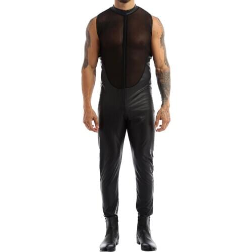 Mens Adult Sexy Body Suit Moto Wetlook Costumes Leather Sheer Mesh Splice Bodice Zipper Bodysuit Jumpsuit Clubwear