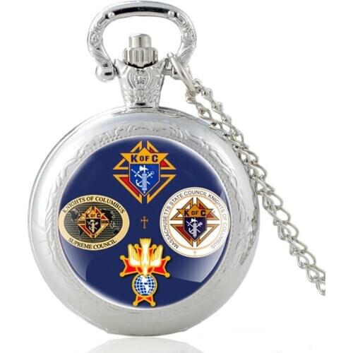 2020 New Knights Of Columbus Pattern Silver Vintage Quartz Pocket Watch Men Women Charm Pendant Necklace Hours Clock Gifts