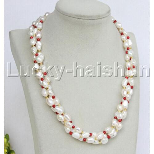Natural 3row 18" 8-9mm Baroque white pearls red coral necklace