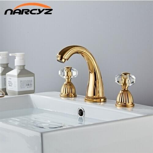 Basin Faucets Gold Brass Modern Bathroom Sink Faucet Double With drill Handle 3 Hole Bathbasin Counter Mixer Taps XR8260