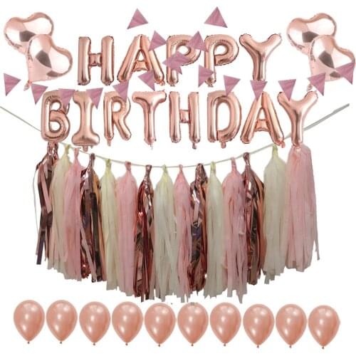 Rose Gold Birthday Party Decorations Bunting Banner Latex Balloon Tissue Paper Tassel Garland for Wedding Baby Shower Supplies
