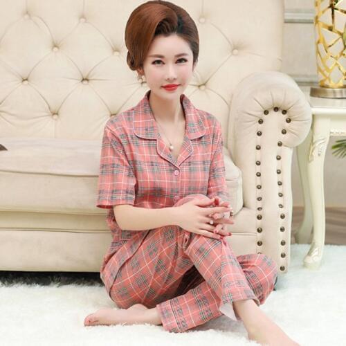 Spring summer pajamas women print short sleeve trousers mother clothes cotton sleepwear set plus size loose ladies pijama suit