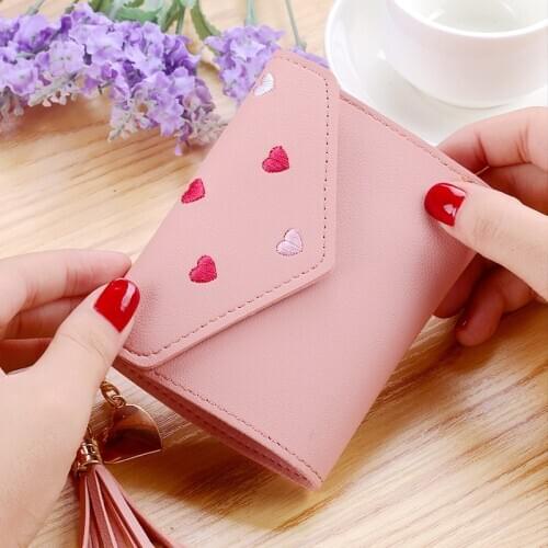 Japanese Multi-function Womens Mini Wallet Candy Color Heart-shaped Embroidery Women Short Wallet Cute Coin Purse Card Package