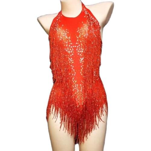 Shining Diamonds Red Fringe Women Bodysuits Evening Prom Party Birthday Celebrate Romper Nightclub Singer Show Costume