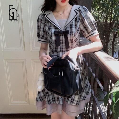 Retro Y2k Plaid Dress Women French Sailor Collar Cute Ruffle Fairy Dress Summer Casual Kawaii Lolita Gothic Dress 2021