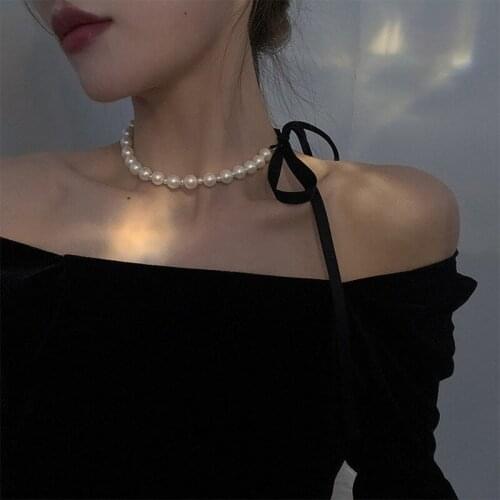 VSnow French Vintage Black Bow-knot Ribbon Chokers Necklace for Women Delicate Simulated Pearl Beaded Wedding Necklace Jewelry