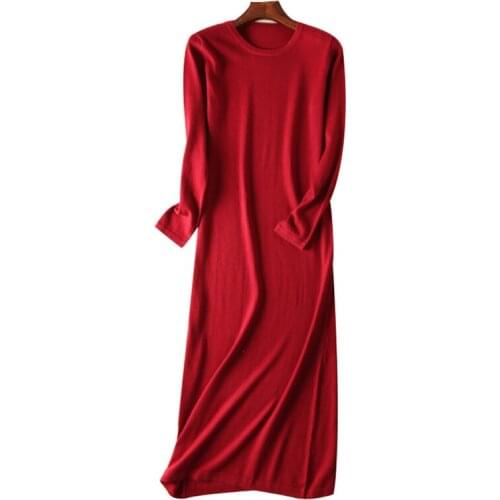 Winter Dress Women Office O-Neck Wool Cashmere Sweater Knitted Dress Women Autumn Long Sleeve Loose Long Dress Female Vestidos