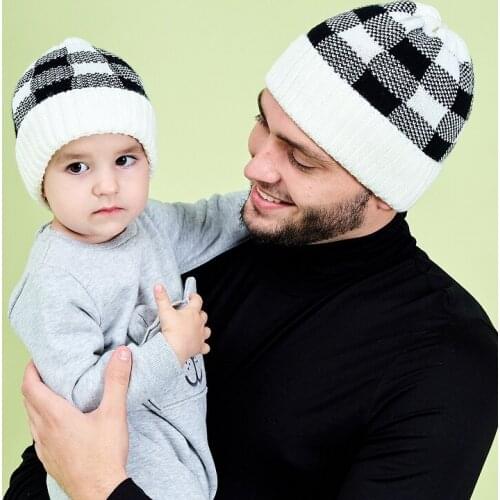Winter Unisex Plaid Acrylic Yarn Knitted Caps For Parent And Children Baby Hat Beanie Bonnet
