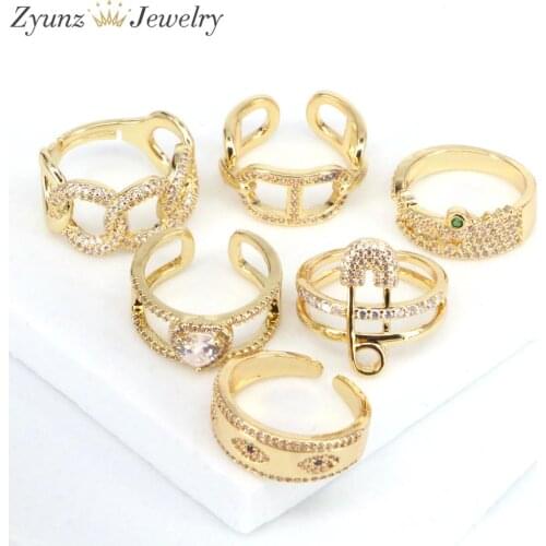 5PCS, Hip Hop Crystal Zirconia Rings Safety Pin Heart Eye Gold Rings For Women Link Chain Geometric Copper Ring 2021 NEW Jewelry