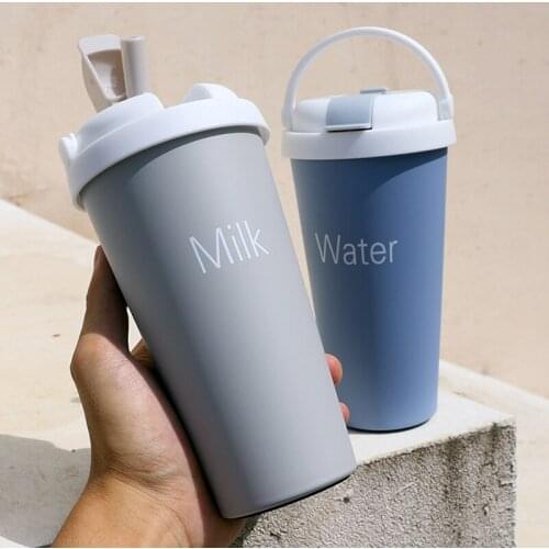 500ml Stainless Steel Vacuum Flask Portable Coffee Cup With Straw Simple Male And Female Student Water Cup Thermos