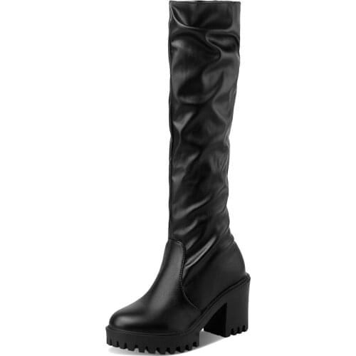 Hollow Ultra-High Thick Heel Thick-Soled Pleated Sleeve Knee-Length Boots White Square Heel Plus Size Autumn/Winter Womens Boot