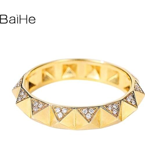 BAIHE Solid 14K Yellow Gold 0.10ct H/SI Natural Diamond Wedding Band Trendy Fine Jewelry Making Diamond Ring Women Guard Ring