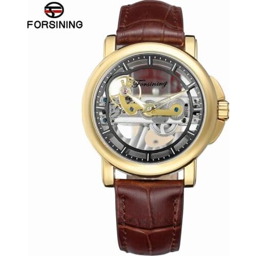 Forsining Men Luxury Brand Leather Skeleton Wrist Watches Minimalism Design Double Sided Hollow Steampunk Mechanical Watch Clock