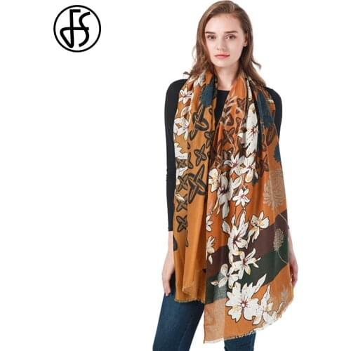 FS 2021 New Retro Satin Flower Print Women Ladies Hijab Scarf Winter Warm All-match Orange Yellow Shawl Headscarf Echarpe Femme