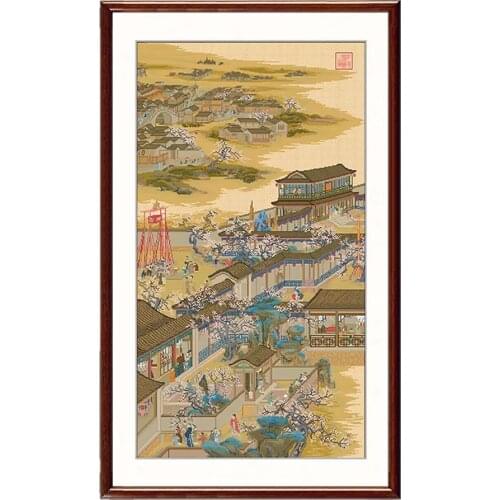 Classic Traditional Chinese Painting Qing Dynasty Prosperous Picture Stamped Cross Stitch Kit， 29.5" x 51.2"