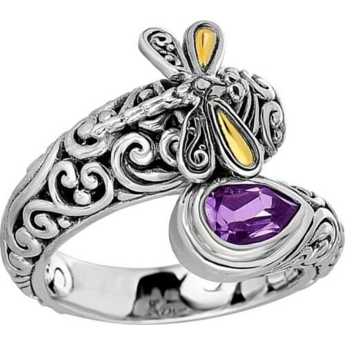 Unique Latest Fashion Retro Dragonfly Lady Ring Creative Purple Crystal Carved Pattern Ring Party Vacation Girl Ring Size 6-11