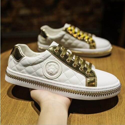 2021NewMens Shoes Casual Fashion Lion White Golden Glitter Lace Sneakers Men Comfortable Luxury Mens Designer Shoes