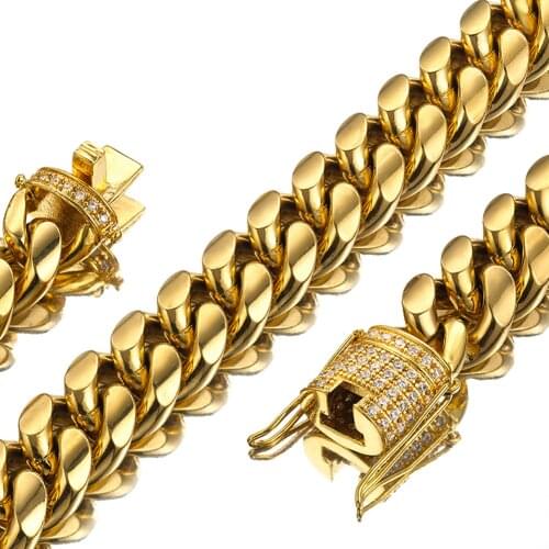 Mens Curb Cuban Link Chain Gold Color 14mm Wide Stainless Steel Curb Necklace Or Bracelet With Diamond Chain Choker 7.5-30inch