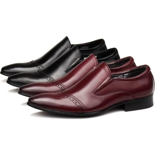 Large Size EUR45 Pointed Toe Black / Wine Red Mens Business Social Shoes Genuine Leather Wedding Dress Shoes