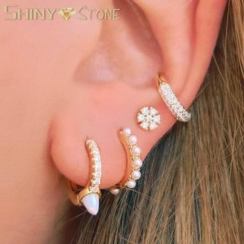 Latest Silver Color Hoop Earrings Paved Opal Turquoises Stones For Women Wedding Engagement Delicate Jewelry