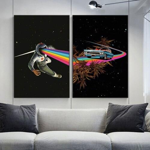 Rainbow Starry Sky Roam Astronaut Driving A Car Posters Creativity Picture Wall Art Prints for Living Room Canvas Painting Decor